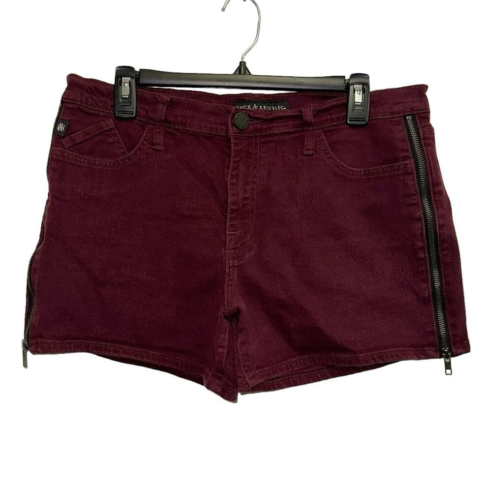 Rock & Republic Kimber Shorts 14 Burgundy Side Zip Stretch Denim Edgy Moto Style